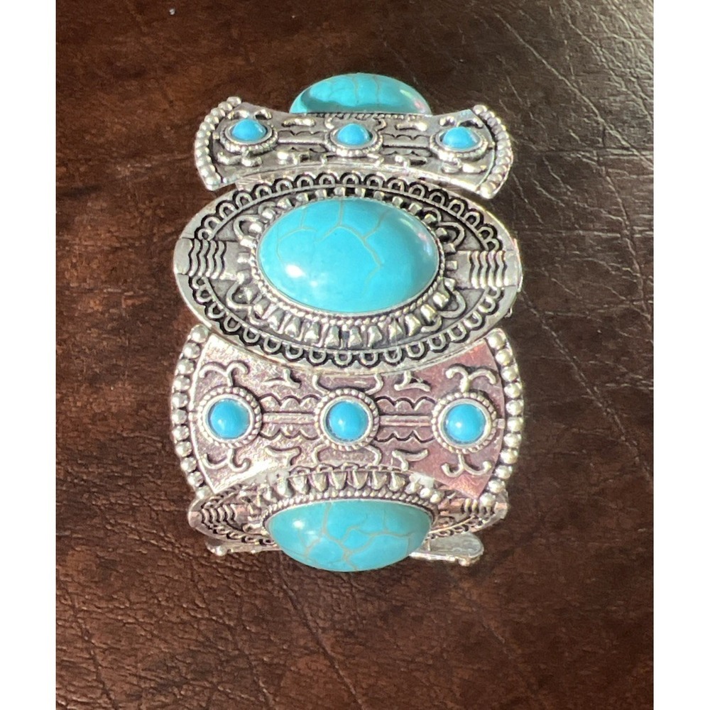 Boho Turquoise Style Stretch Statement Bracelet Silver Tone Western Inspired